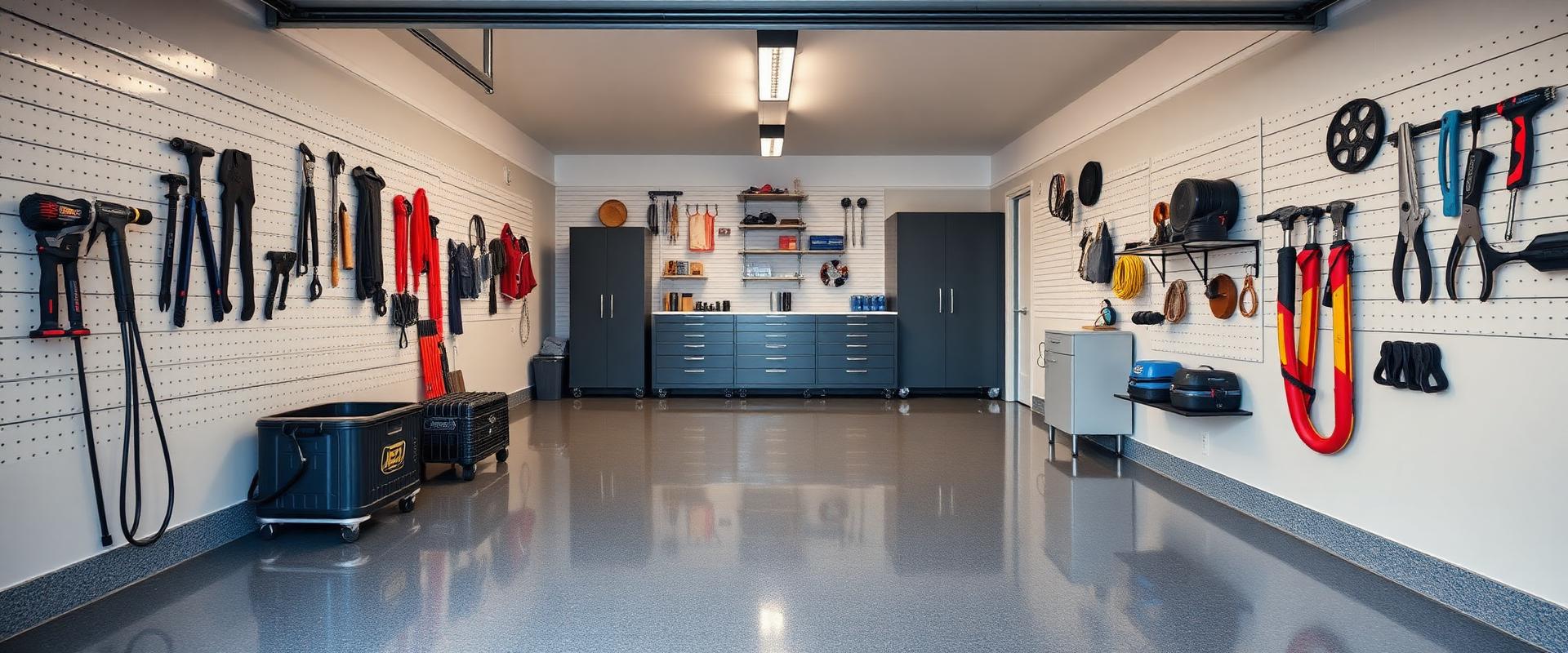 Organized garage with epoxy floors and wall storage
